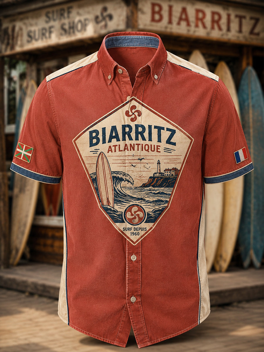 Chemise à manches courtes pour homme, style basque français, décontractée, inspirée de la culture du surf