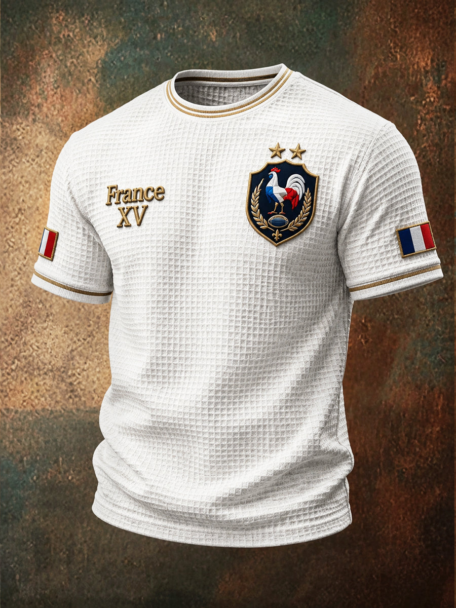 T-shirt blanc français d’automne pour homme, imprimé rugby, décontracté, minimaliste, en tissu gauffré