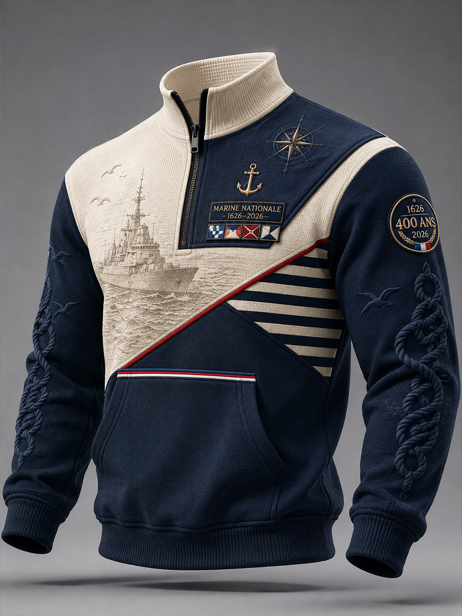T-shirt manches longues en côte piquée pour homme, bleu marine français