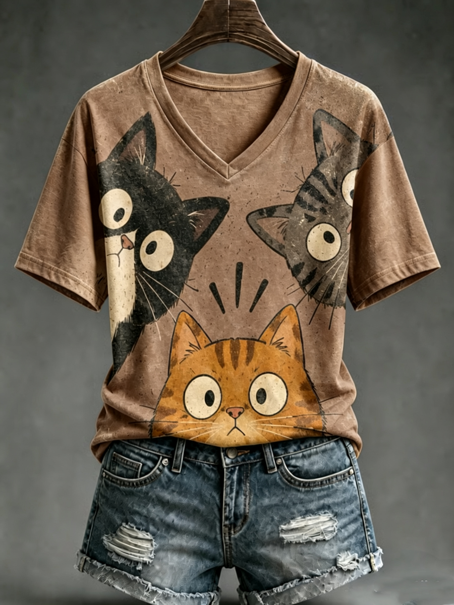 T-shirt femme à manches courtes avec imprimé mignon de chat