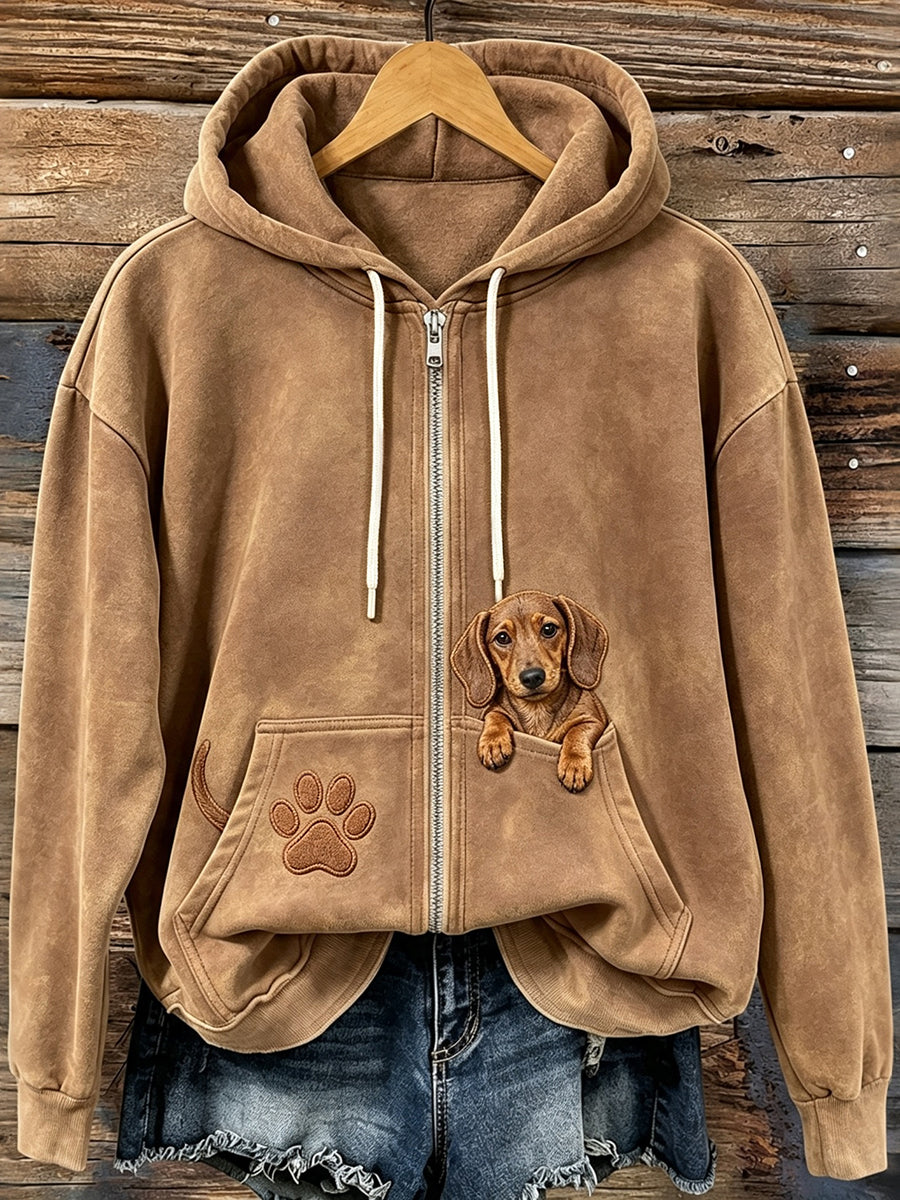 Sweat à capuche zippé pour femme, mignon motif d’affiche de teckel qui fait un clin d’œil