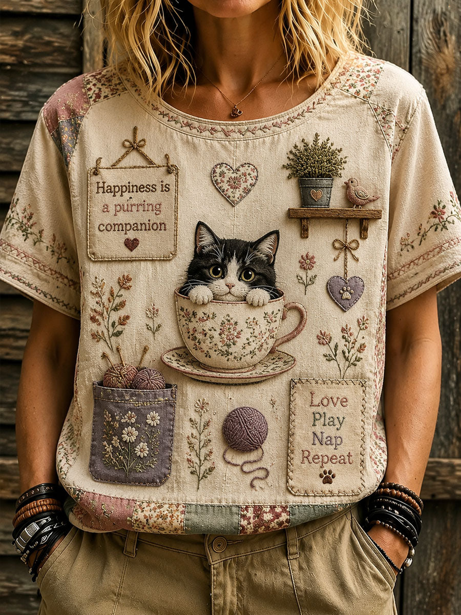 T-shirt décontracté imprimé pour femmes Love Cats Day