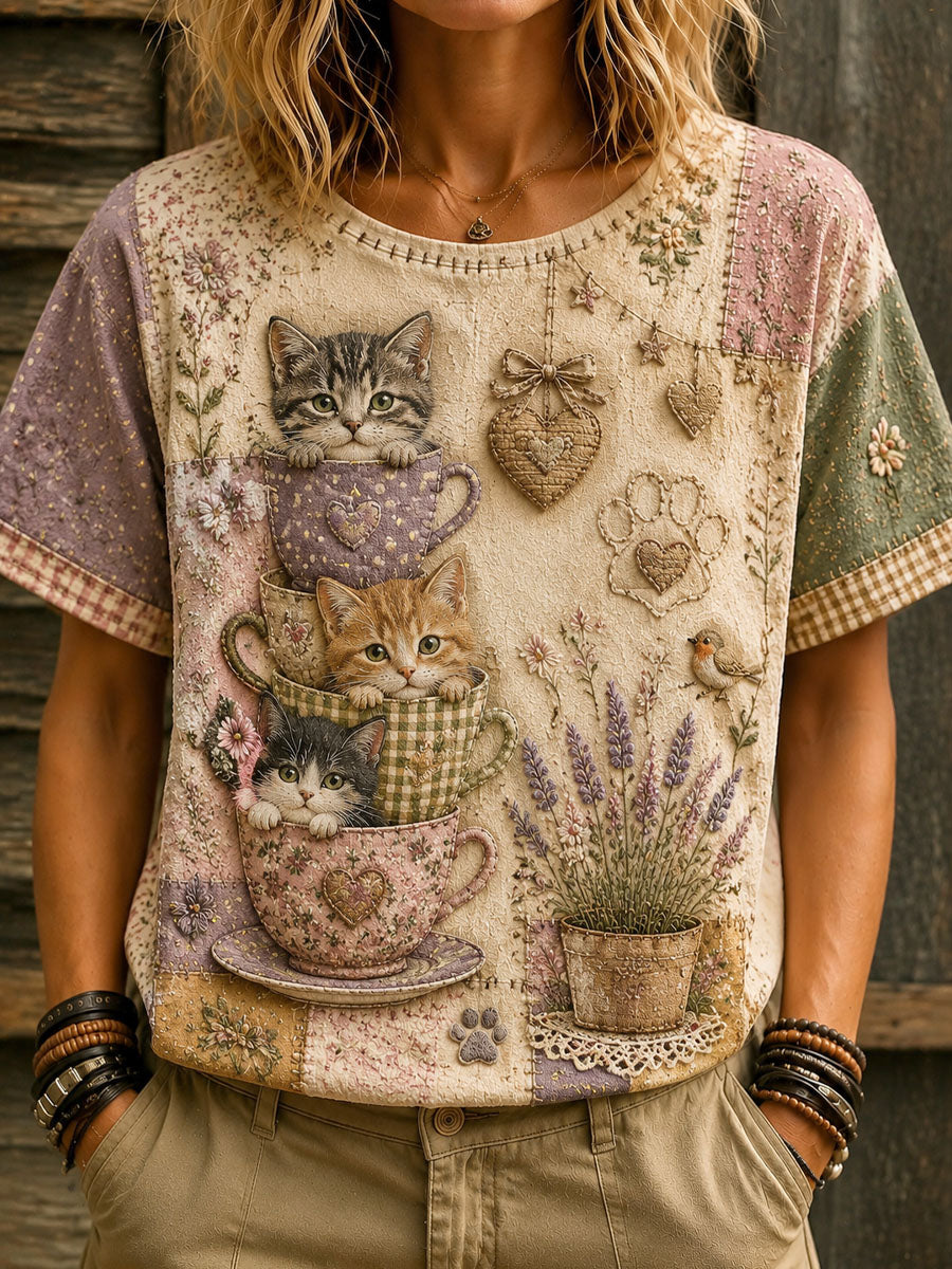 T-shirt décontracté imprimé pour la Journée des chats et de l’amour des femmes