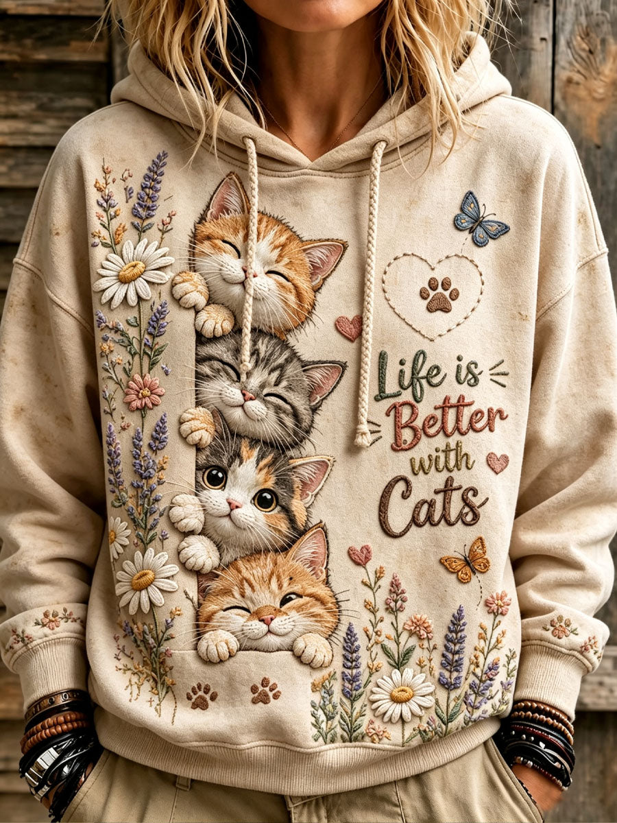 Sweat à capuche décontracté pour femmes, chat mignon et imprimé floral
