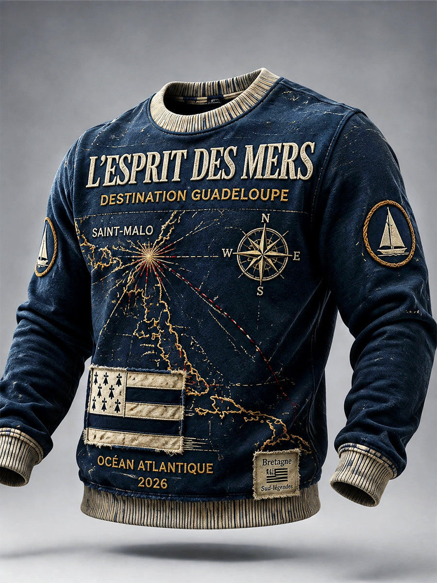 Sweatshirt Homme Bleu Foncé Style Breton 'Route du Rhum' Rétro Décontracté