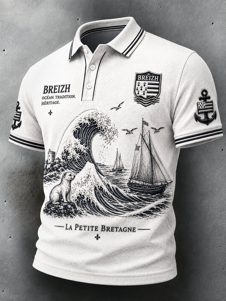 Polo d'affaires décontracté à imprimé nautique Bretagne française blanche pour homme