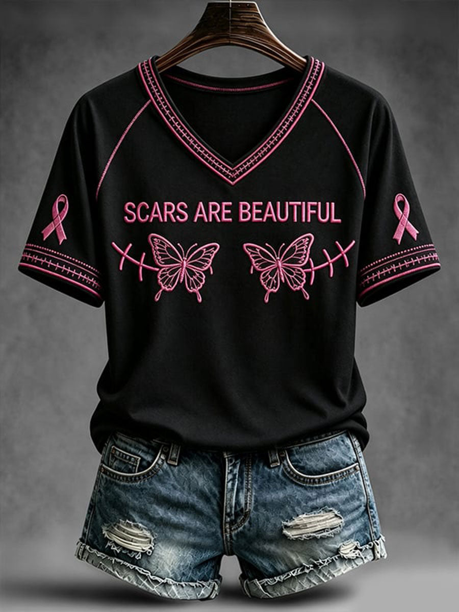 T-shirt à col en V pour femmes aux cicatrices magnifiques