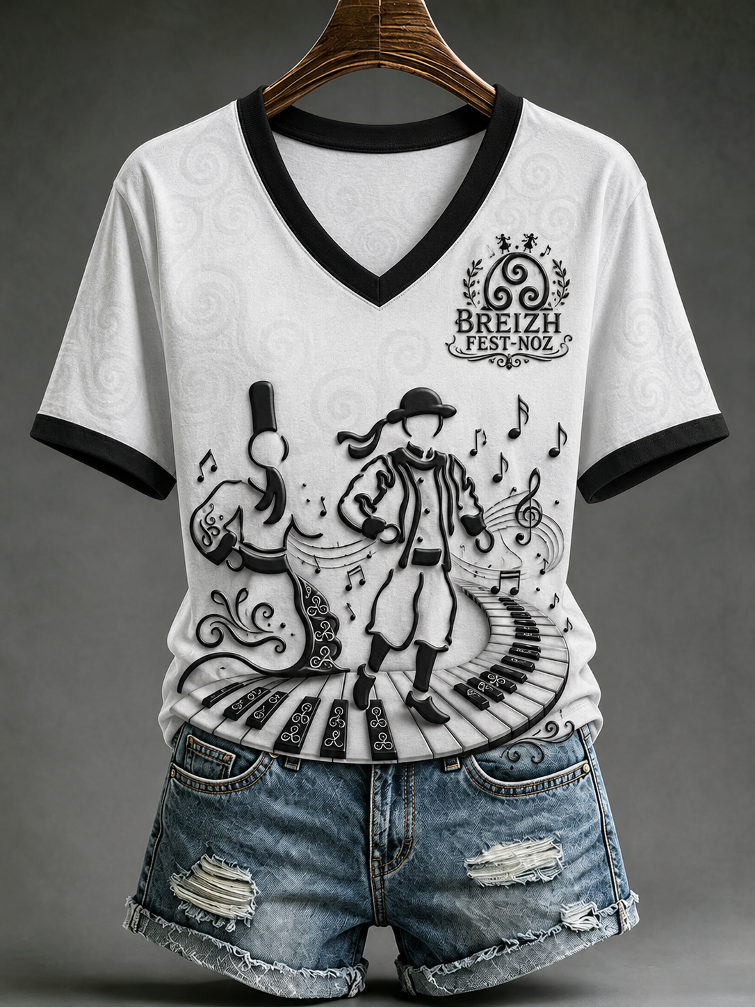 T-shirt à manches courtes pour femme, motifs bretons de musique et culture fest-noz