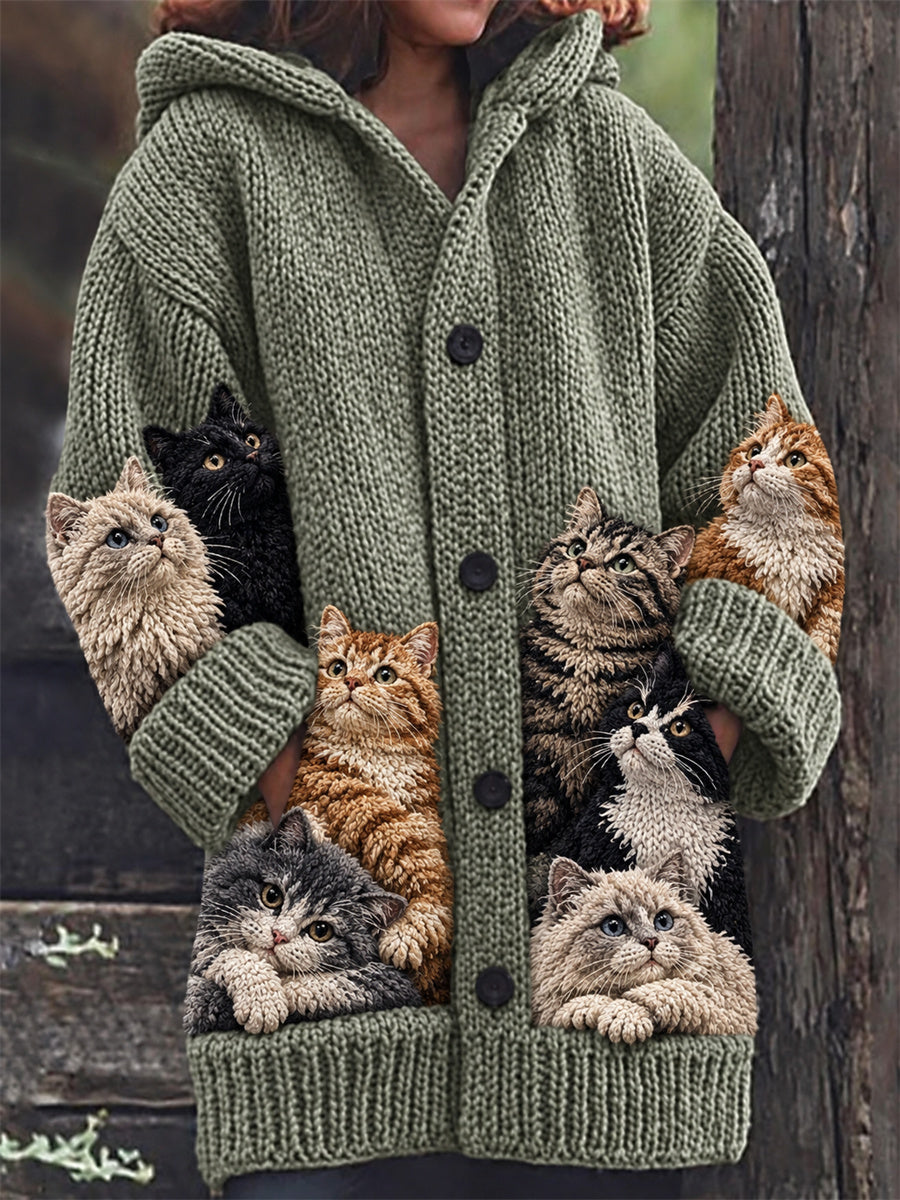 Long cardigan douillet à capuche pour femme, joliment orné d’un imprimé de chats tout doux et très mignon