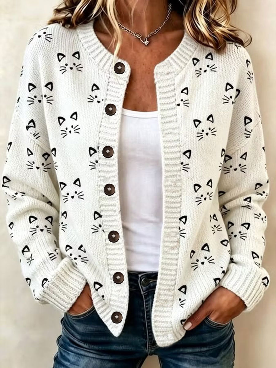 Veste en maille style cardigan à imprimé chats pour femme