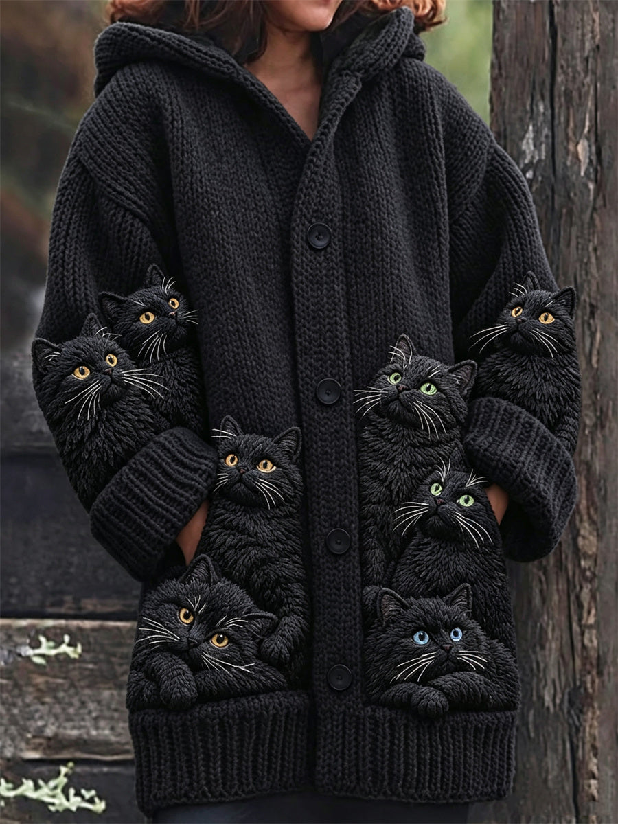 Les femmes belle bondé Fuzzy chats noirs Imprimer confortable à capuche Long Cardigan