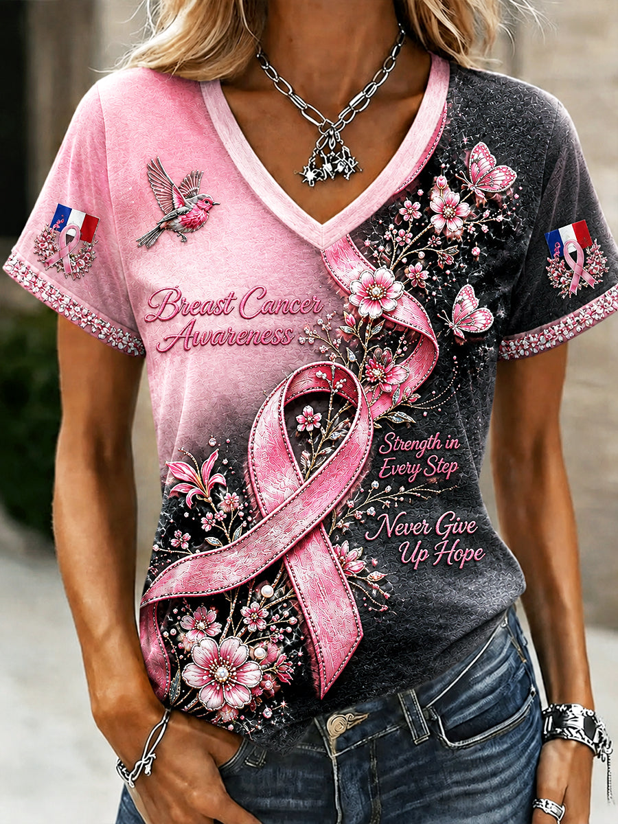 T-shirt à col en V décontracté à imprimé floral français pour femmes