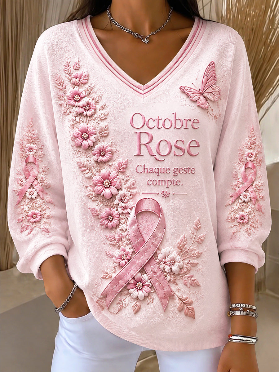 Femmes France Breast Cancer Awareness Rose Imprimer Décontracté Col V Pull Style Top