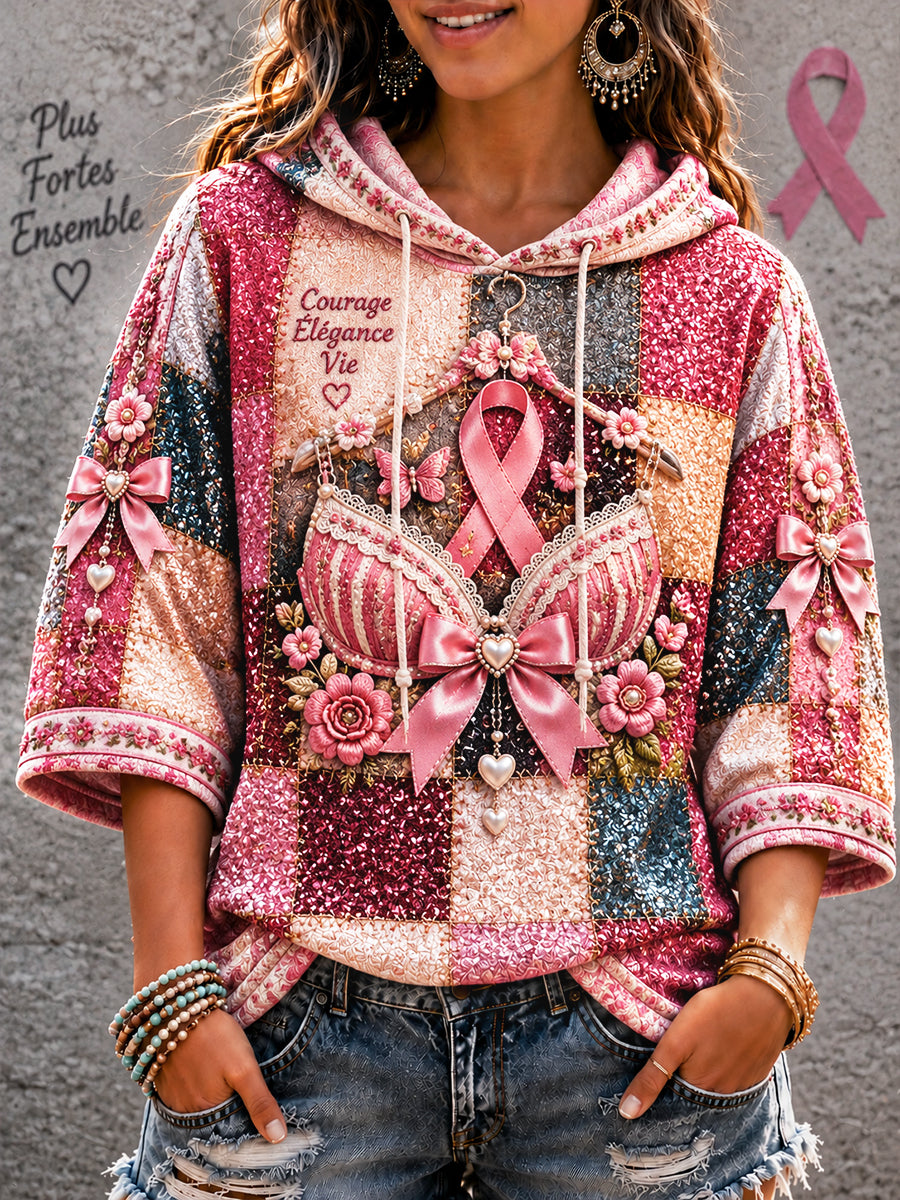 Sweat à capuche décontracté pour femme, imprimé patchwork sur le thème du cancer du sein en France