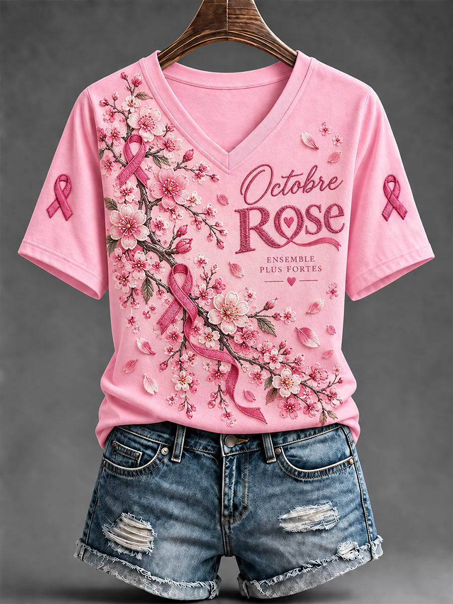 T-shirt à manches courtes de la campagne de sensibilisation au cancer du sein «Octobre rose» en France pour femmes