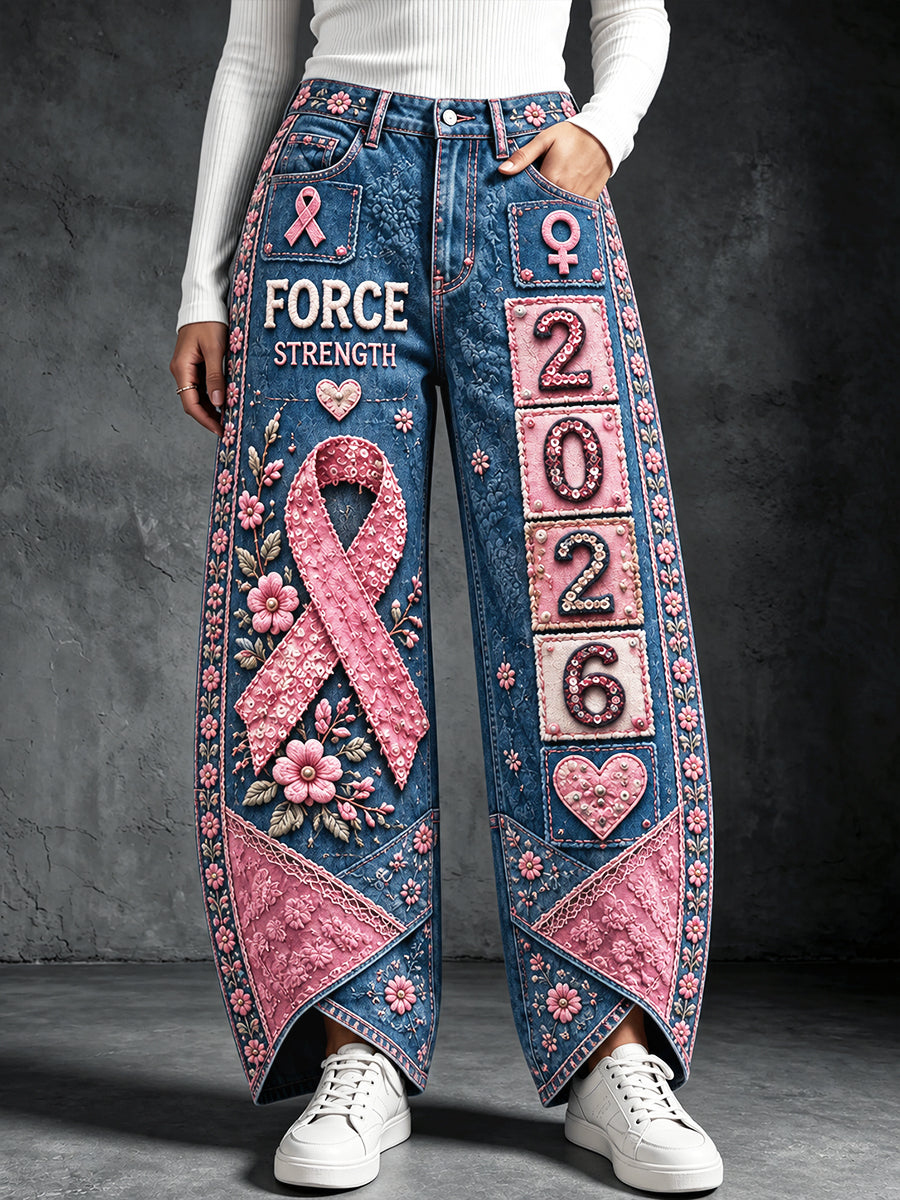 Pantalon décontracté pour femme, collection 2026 France, motif patchwork sur le thème du cancer du sein