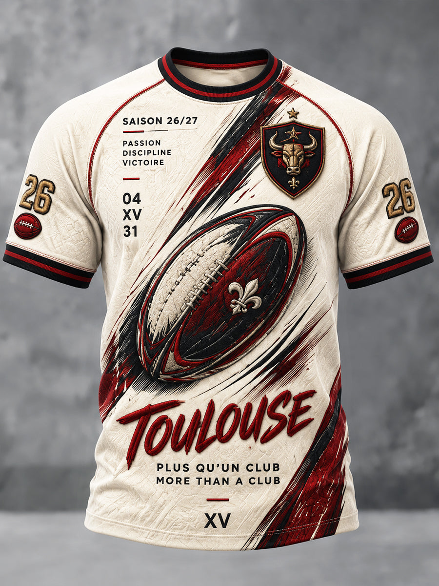 Vintage Beige Français Rugby Toulouse Patchwork Imprimer Casual T-shirt Homme