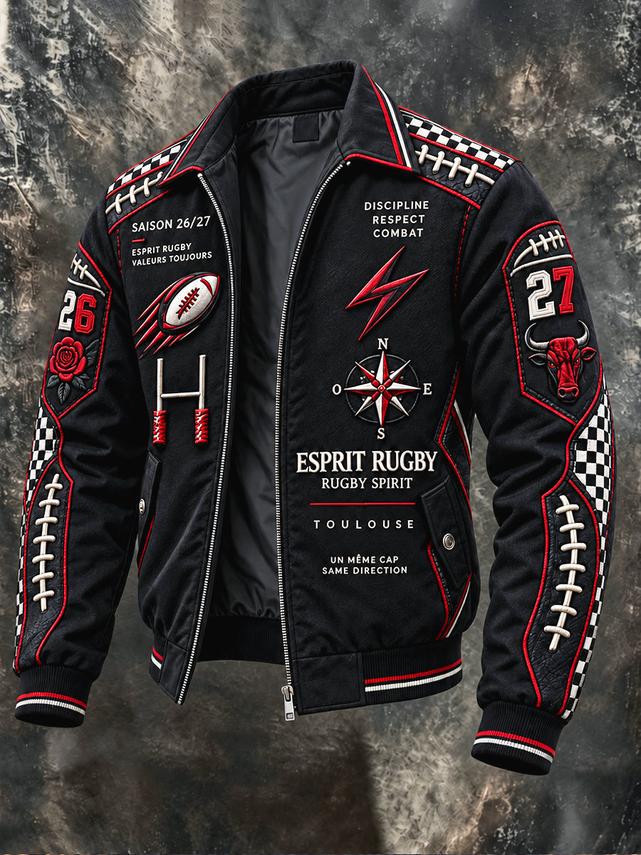 Veste à glissière décontractée pour homme noire French Rugby Toulouse Patchwork Print