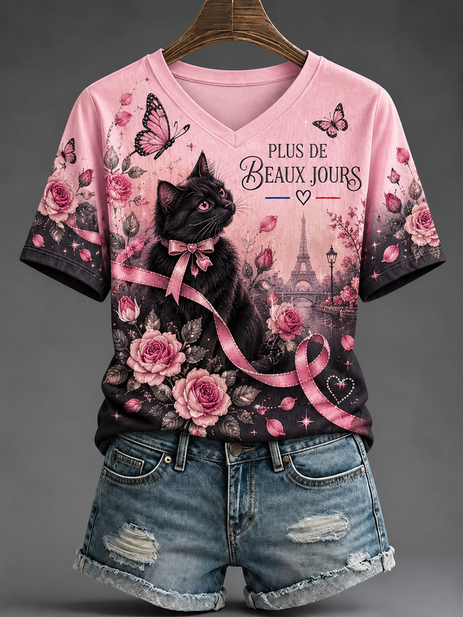 T-shirt à manches courtes de sensibilisation au cancer du sein en France pour femmes