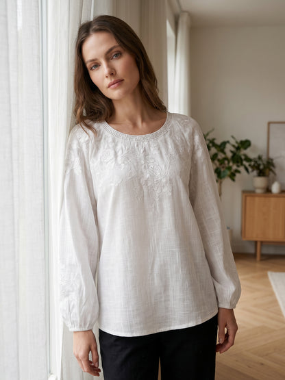 Haut décontracté pour femme, style vintage, en coton et lin, avec broderie florale et patchwork imprimé