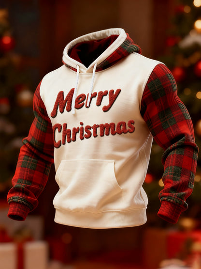 Sweat à Capuche Décontracté Joyeux Noël Rouge Imprimé à Carreaux Pour Hommes