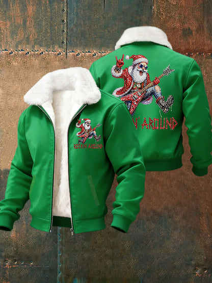 Hommes de Noël Rock Santa Claus Imprimer col de fourrure Zip-Up Jacket