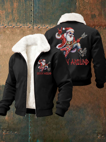 Hommes de Noël Rock Santa Claus Imprimer col de fourrure Zip-Up Jacket