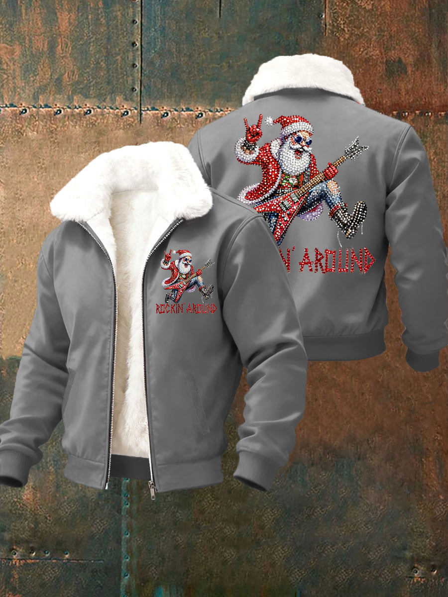 Hommes de Noël Rock Santa Claus Imprimer col de fourrure Zip-Up Jacket