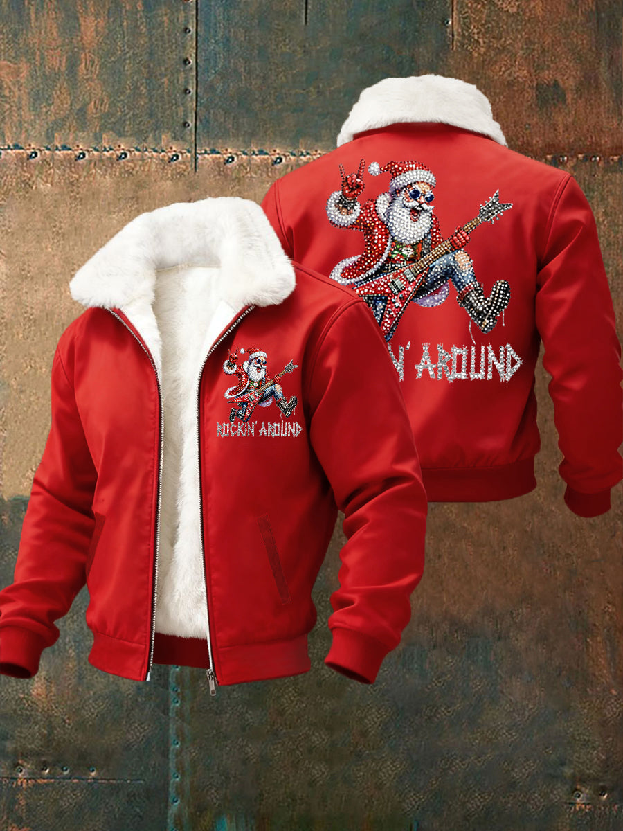 Hommes de Noël Rock Santa Claus Imprimer col de fourrure Zip-Up Jacket