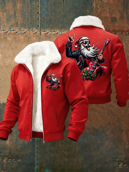 Hommes de Noël Rock Santa Claus Imprimer col de fourrure Zip-Up Jacket