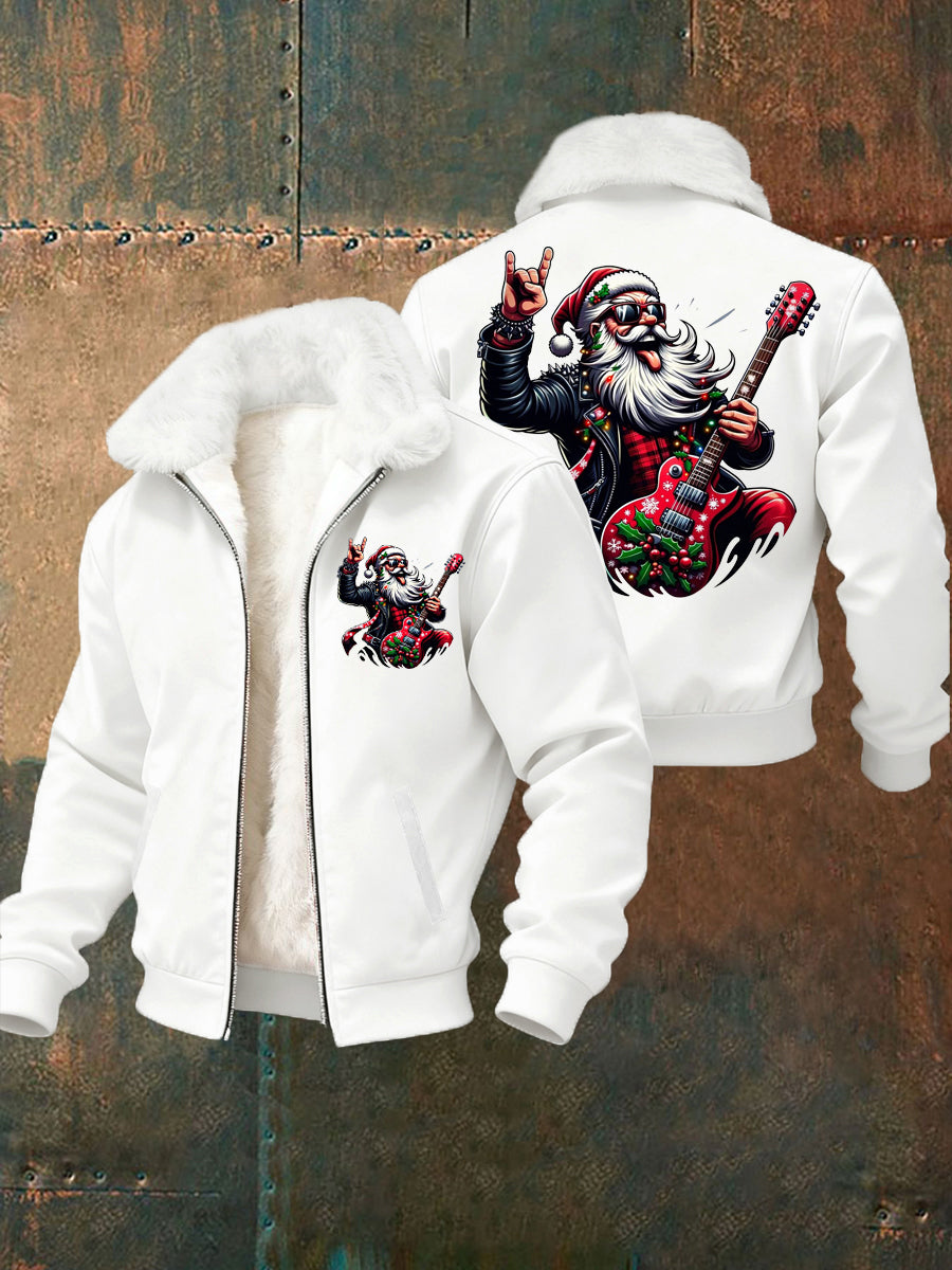 Hommes de Noël Rock Santa Claus Imprimer col de fourrure Zip-Up Jacket