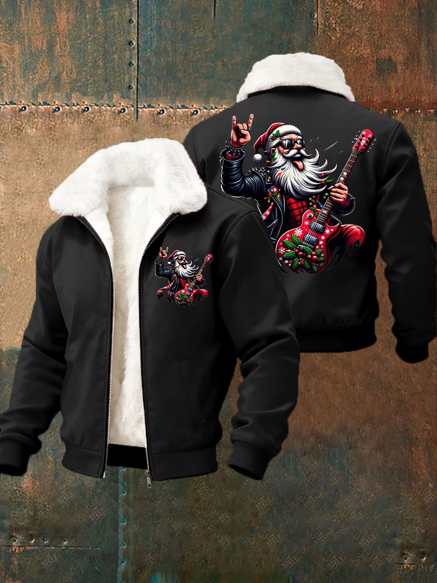 Hommes de Noël Rock Santa Claus Imprimer col de fourrure Zip-Up Jacket