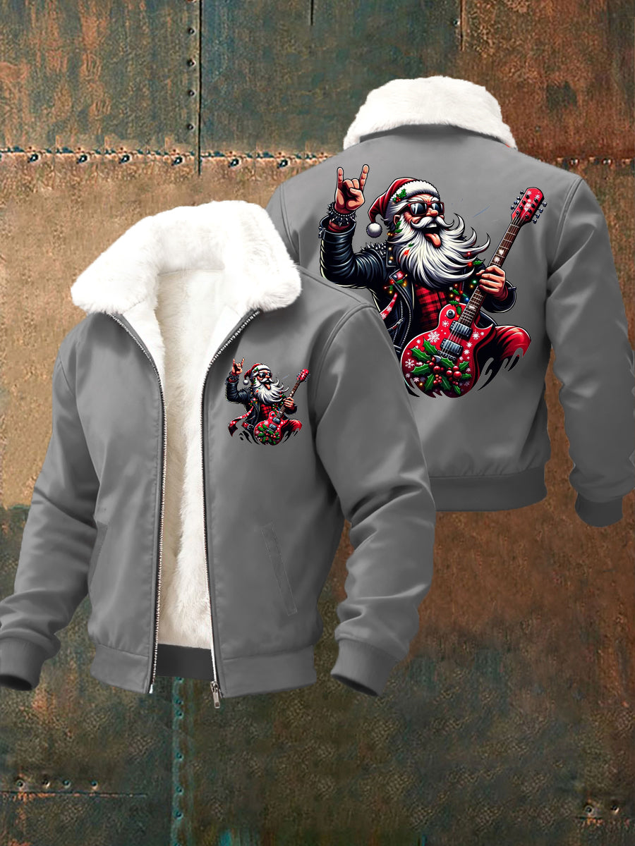 Hommes de Noël Rock Santa Claus Imprimer col de fourrure Zip-Up Jacket