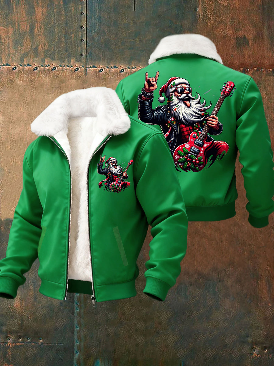 Hommes de Noël Rock Santa Claus Imprimer col de fourrure Zip-Up Jacket