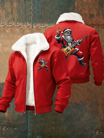 Hommes de Noël Rock Santa Claus Imprimer col de fourrure Zip-Up Jacket
