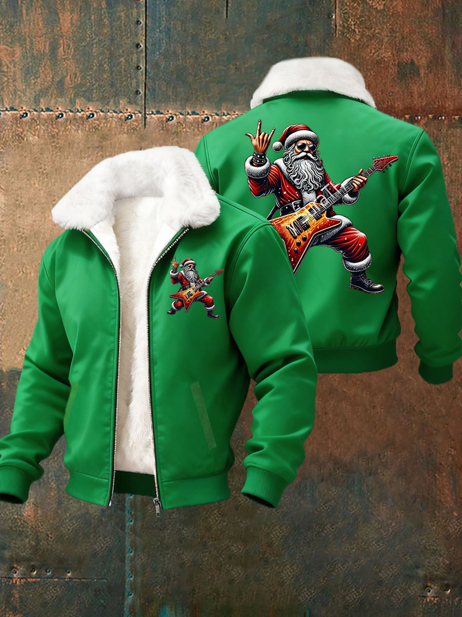 Hommes de Noël Rock Santa Claus Imprimer col de fourrure Zip-Up Jacket