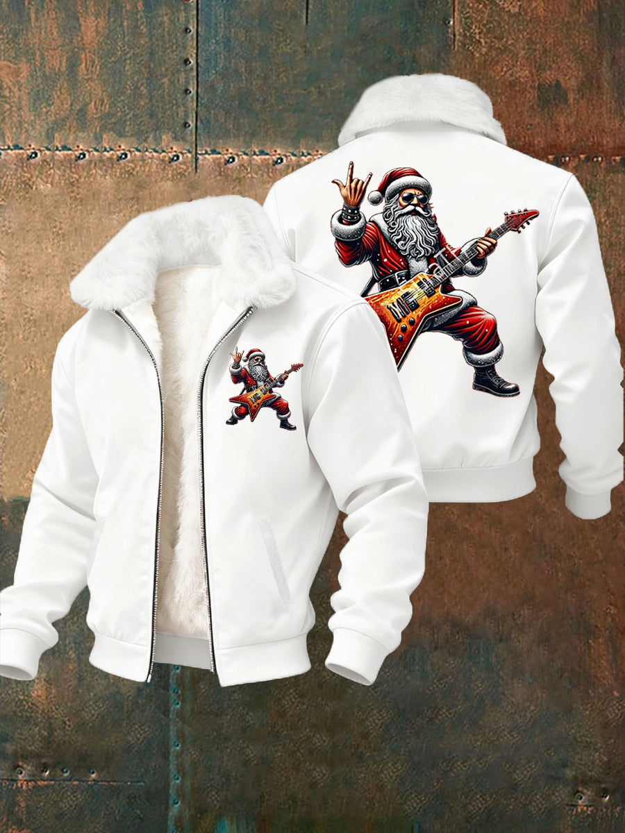 Hommes de Noël Rock Santa Claus Imprimer col de fourrure Zip-Up Jacket