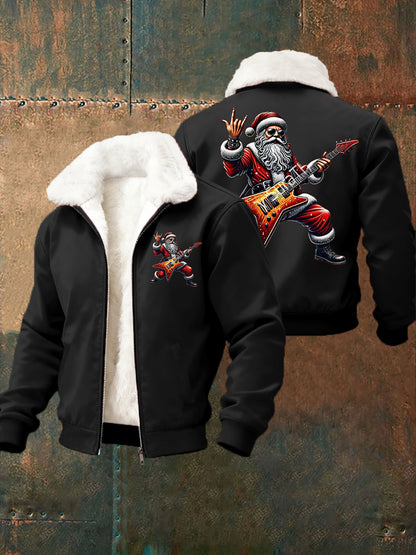Hommes de Noël Rock Santa Claus Imprimer col de fourrure Zip-Up Jacket
