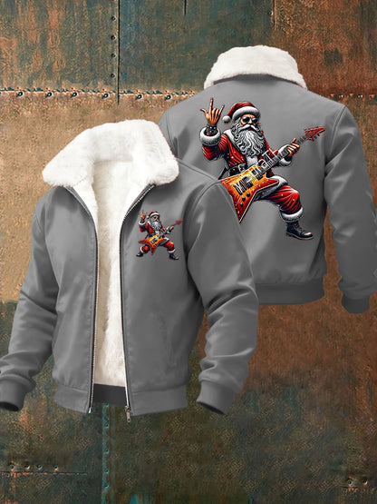 Hommes de Noël Rock Santa Claus Imprimer col de fourrure Zip-Up Jacket