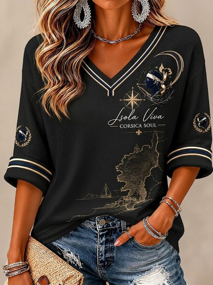 T-shirt femme à manches mi-longues et col en V, imprimé du drapeau de la Corse