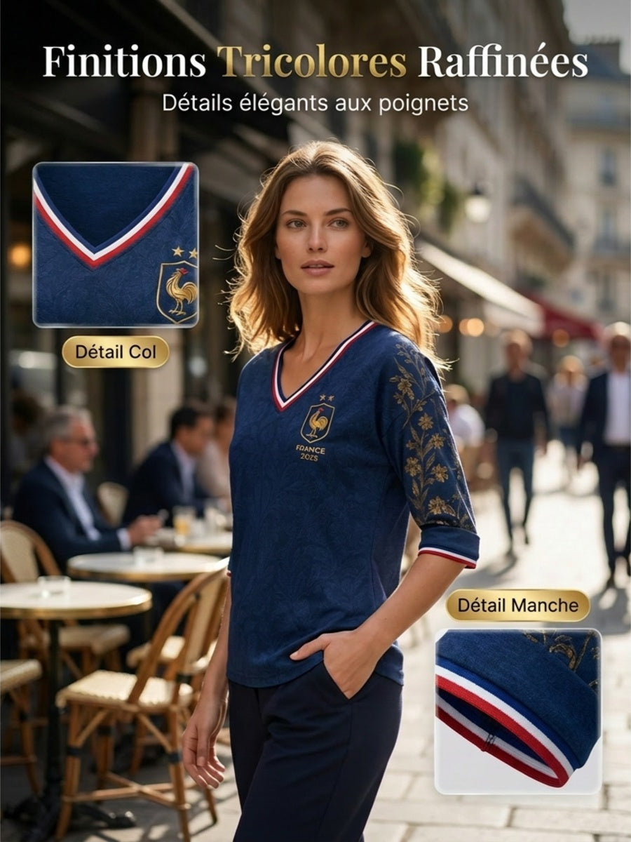 Chemise en lin à col V pour femme, motif France Football