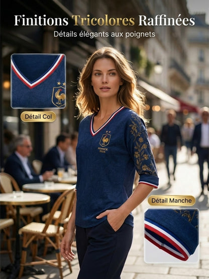 Chemise en lin à col V pour femme, motif France Football