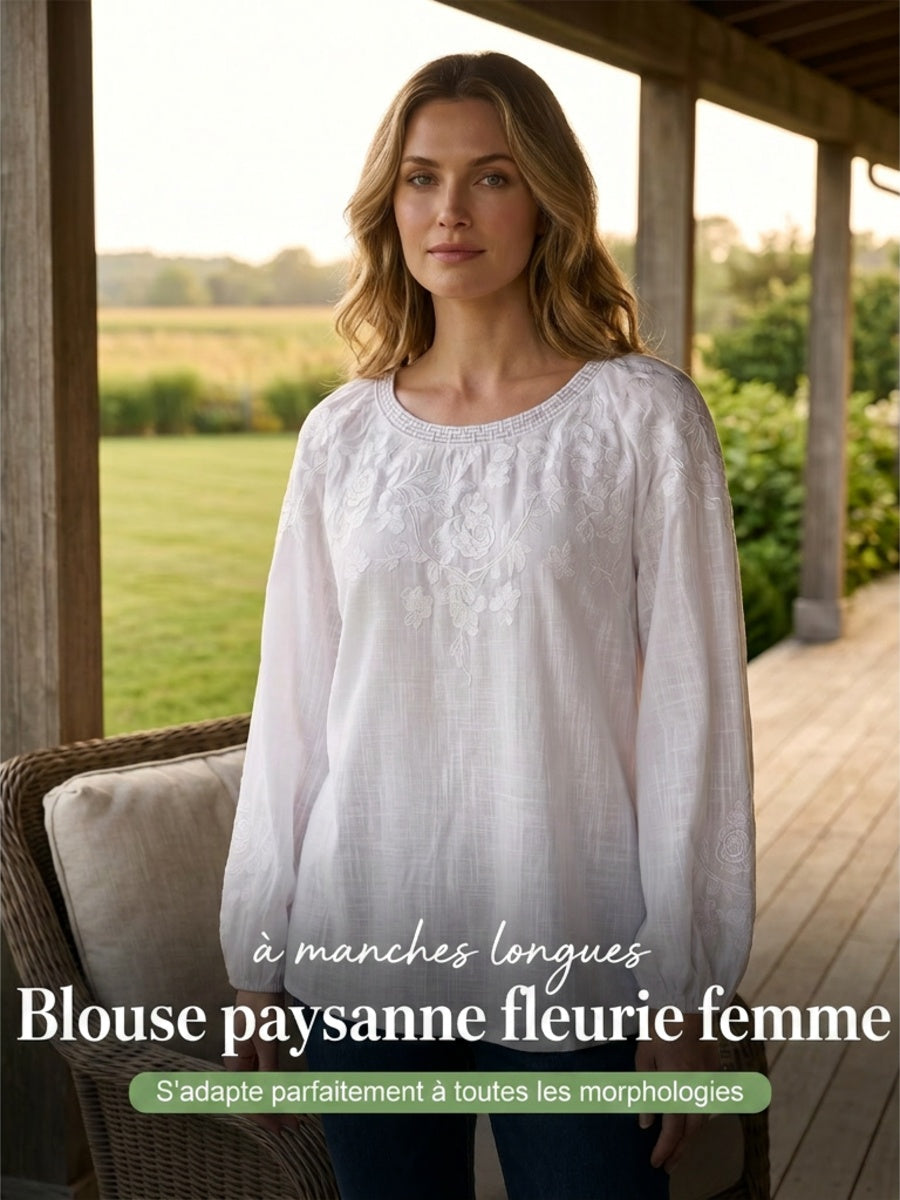 Haut décontracté pour femme, style vintage, en coton et lin, avec broderie florale et patchwork imprimé