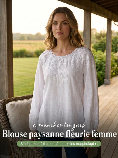 Haut décontracté pour femme, style vintage, en coton et lin, avec broderie florale et patchwork imprimé