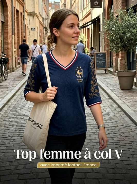 Chemise en lin à col V pour femme, motif France Football