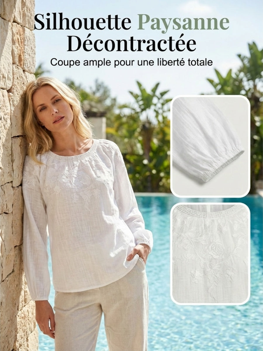 Haut décontracté pour femme, style vintage, en coton et lin, avec broderie florale et patchwork imprimé