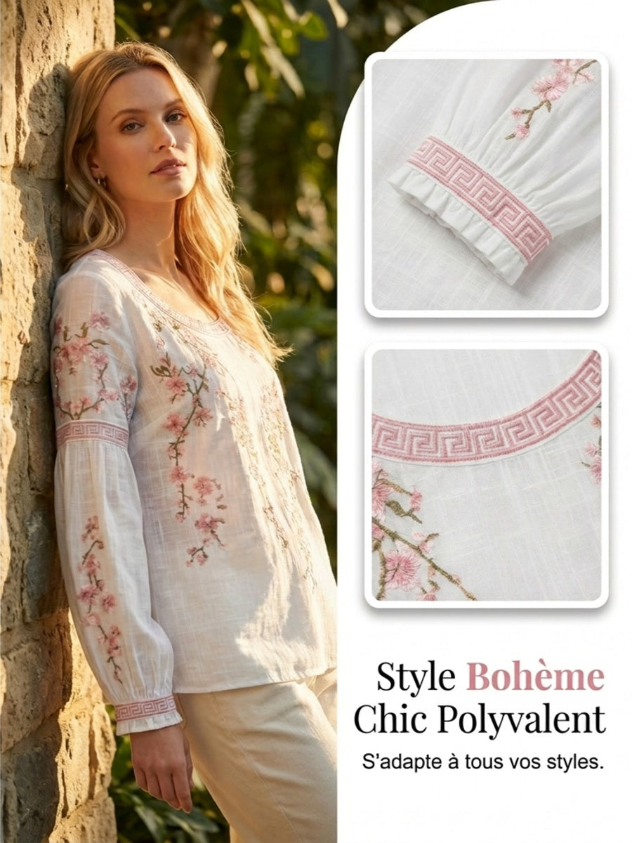Haut décontracté pour femme, style vintage, en coton et lin, avec broderie florale et patchwork imprimé