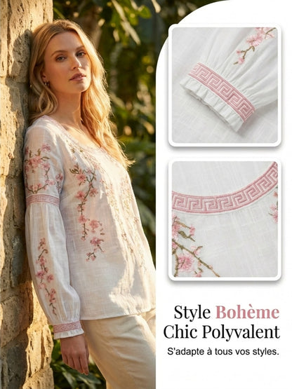 Haut décontracté pour femme, style vintage, en coton et lin, avec broderie florale et patchwork imprimé