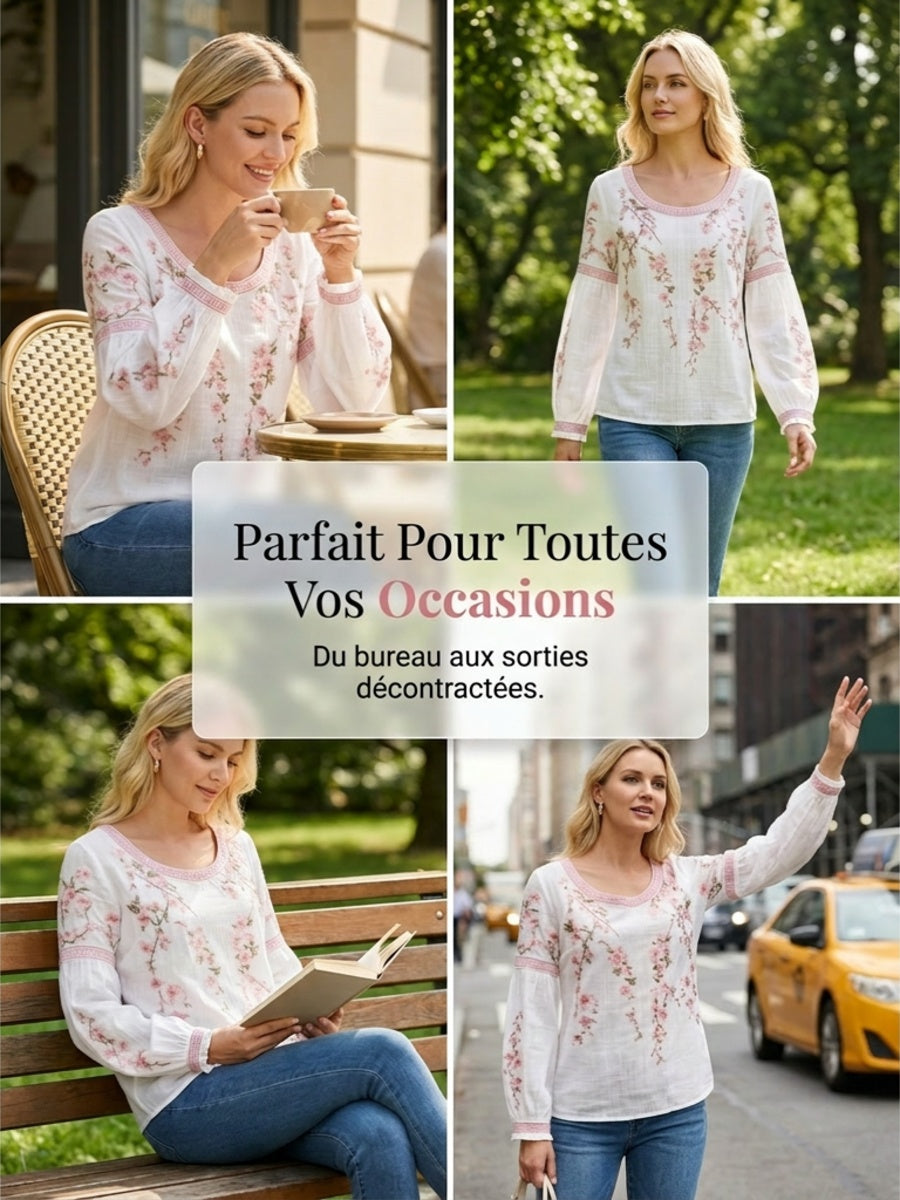 Haut décontracté pour femme, style vintage, en coton et lin, avec broderie florale et patchwork imprimé