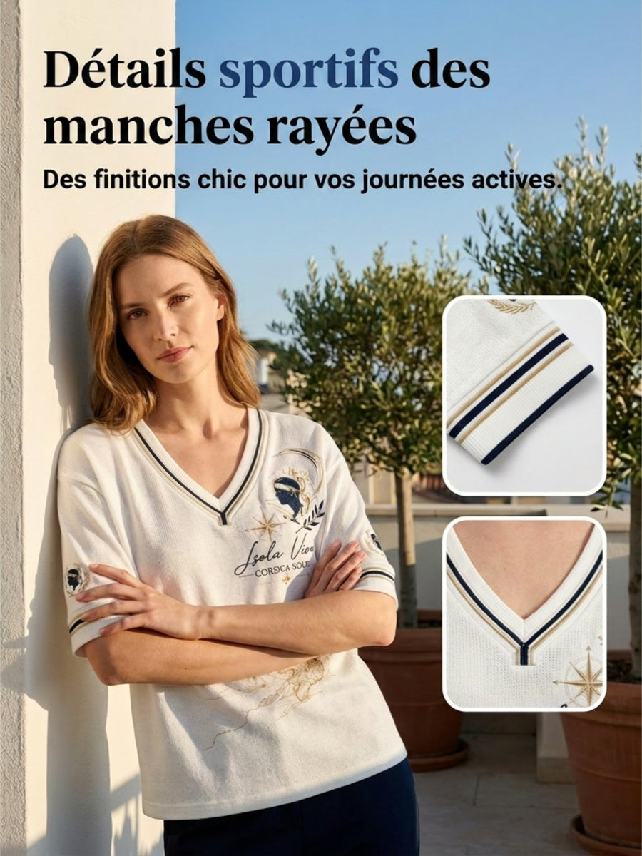 T-shirt femme à manches mi-longues et col en V, imprimé du drapeau de la Corse